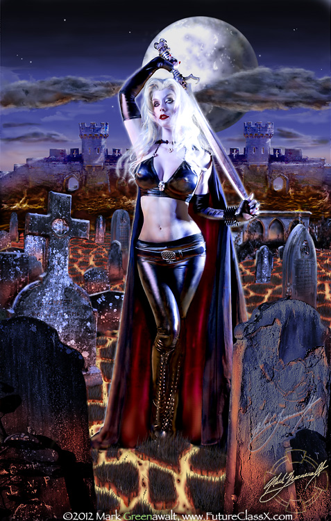 Mark Greenawalt was the illustrator for Lady Death comic book Tribulation #1 Graverobber Edition for Brian Pulido.  This work includes digital photoshop artwork derived from photos taken of model Darla Petty in Lady Death bodypaint.  Greenawalt was the artist and photographer.  This illustration was also inspired by photos that Greenawalt took of Warwick Castle in England and some head stones that were found in a church nearby.