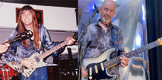 Guitarist Mark Greenawalt with a Kramer Condor in 1985 and a Fender Strat in 2023