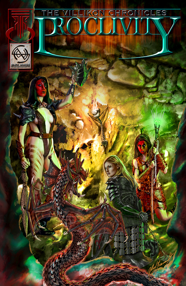 The Villikon Chronicles Proclivity cover shows the wiccan sisterhood duo of Quintessa and Slyla have captured Stealth Strike Sentinel Adonia Zin&rsquo;Badova.