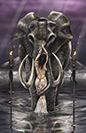 Mammoth fantasy illustration features the tattooed elephant with her master in the shallow pools of Africa