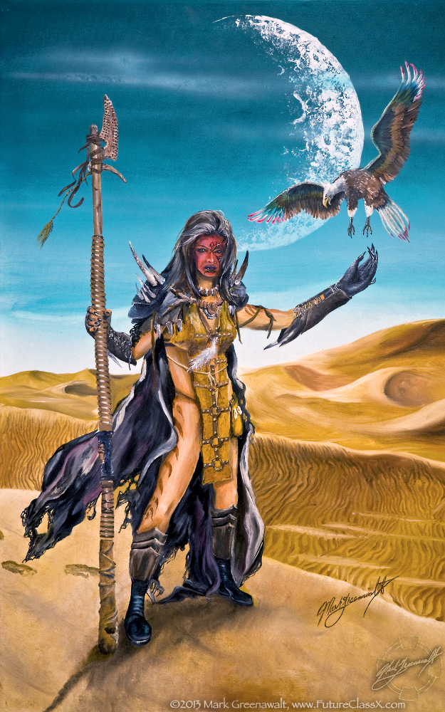 Mark Greenawalt fantasy illustration oil painting of Bremusa And Skylon features model and actress Lynette Brooks. Photo references were from the independent film project The Villikon Chronicles-Genesis of Evil for the still photography shot by Greenawalt on location in the Imperial Sand Dunes.