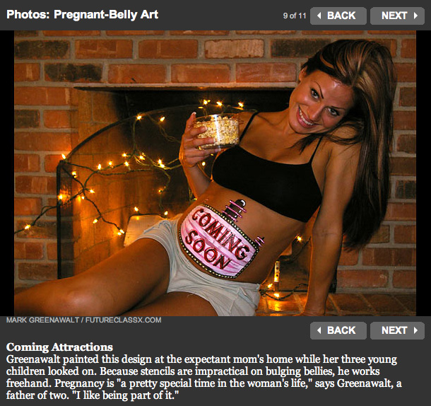 Coming Attractions Greenawalt painted this design at the expectant mom's home while her three young children looked on. Because stencils are impractical on bulging bellies, he works freehand. Pregnancy is "a pretty special time in the woman's life," says Greenawalt, a father of two. "I like being part of it."