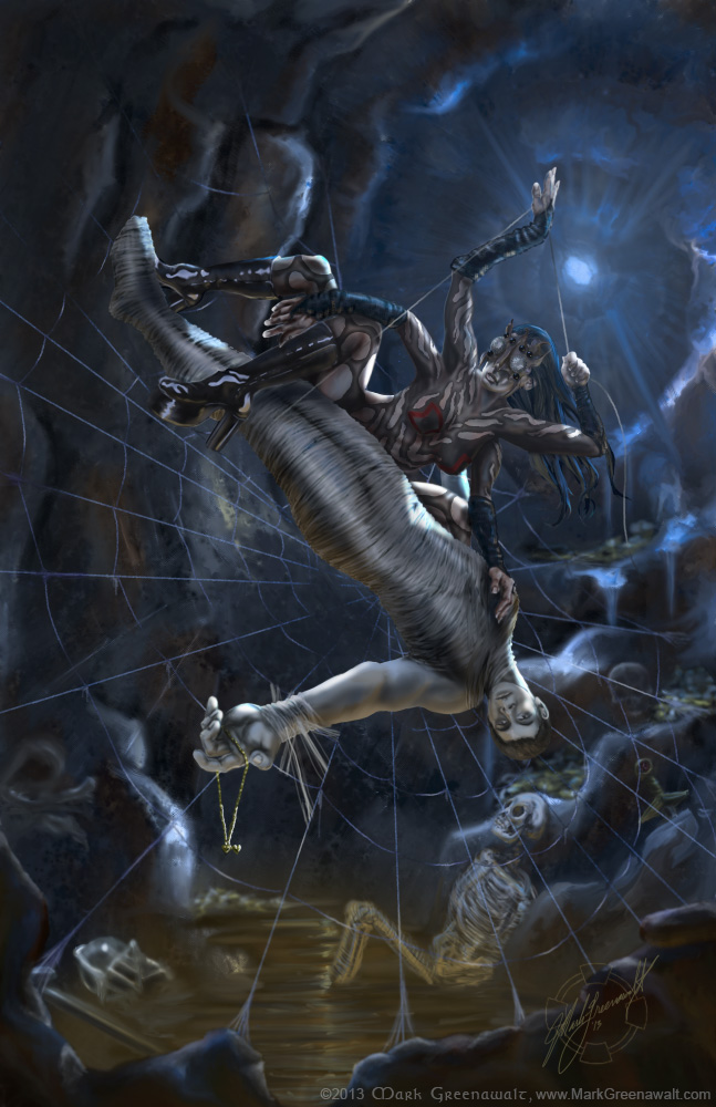 Arachne is the mythological spider woman as portrayed by model Paris Harshman and her victim Matthew Lenzi in the dark illustration by Mark Greenawalt.