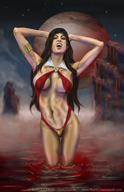 Vampirella wades in a river of blood on the planet Drakulon in this Mark Greenawalt fantasy illustration featuring model LeeAnna Vamp