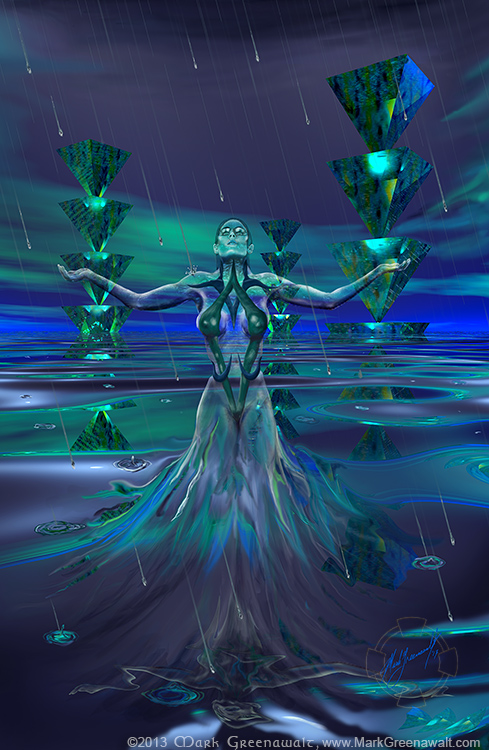 Mark Greenawalt fantasy illustration Rainmaker is based on a bodypainting project with Amiii Richey with photography by Armando Kiyama. This digital work was completed by Greenawalt using photoshop and Bryce software.