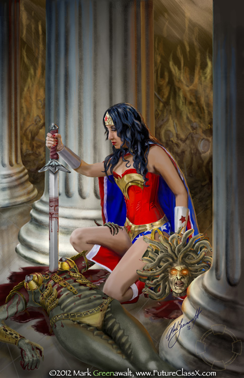 Wonder Woman vs. Medusa - Titans - A Fantasy Illustration by Mark Greenawalt