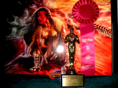 Trophy and ribbon for LepreCon Masquerade award.