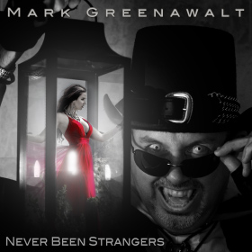 Never Been Strangers cover art with Mark Greenawalt as a vampire and Elley Ringo in red.
